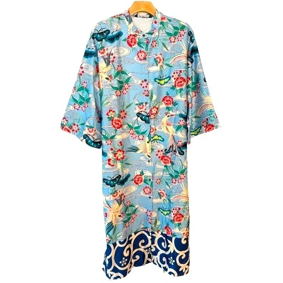 ZARA Floral Bird Tropical Belted Silky Kimono Shirt Dress/Kaftan Size XL NEW